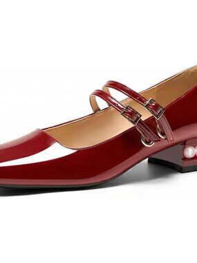 Women's Pearl Burgundy Mary Jane Low Pearl Heels Square Toe Pumps Ballet Shoes